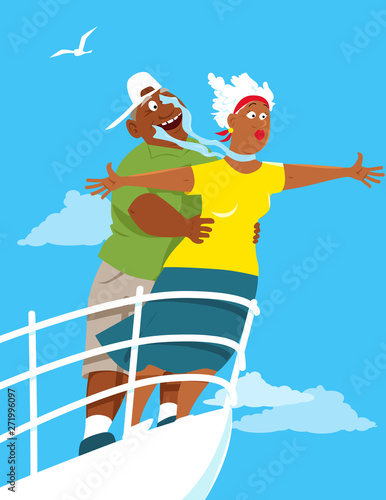Happy black senior couple recreating a scene from Titanic on board of a cruise ship, EPS 8 vector illustration