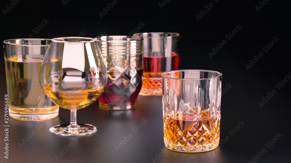 Strong alcoholic beverages, glasses and glasses, in the presence of whiskey, vodka, rum, tequila, brandy, cognac. on dark old background with selective focus