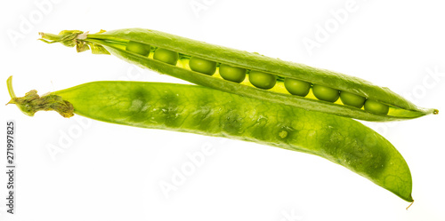 Green peas (chícharos, petipuas), tender and very fresh (with drops of water). Isolated on white background.