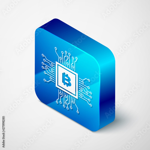 Isometric CPU mining farm icon isolated on white background. Bitcoin sign inside processor. Cryptocurrency mining community. Digital money. Blue square button. Vector Illustration