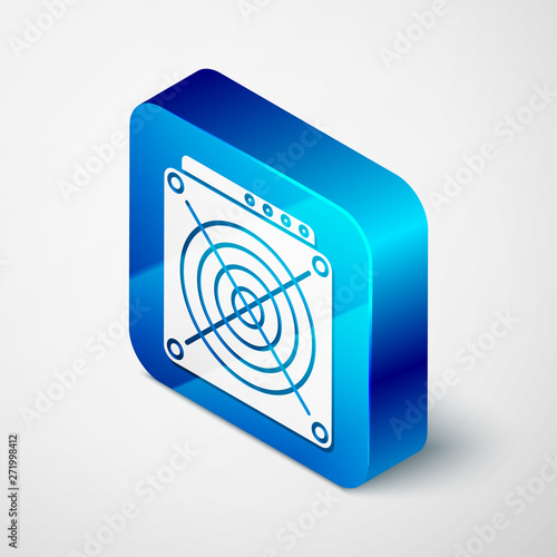 Isometric ASIC Miner icon isolated on white background. Cryptocurrency mining equipment and hardware. Application specific integrated circuit. Blue square button. Vector Illustration