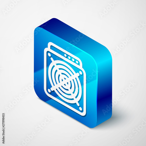 Isometric ASIC Miner icon isolated on white background. Cryptocurrency mining equipment and hardware. Application specific integrated circuit. Blue square button. Vector Illustration