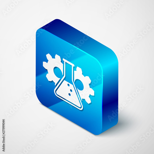 Isometric Bioengineering icon isolated on white background. Element of genetics and bioengineering icon. Biology, molecule, chemical icon. Blue square button. Vector Illustration