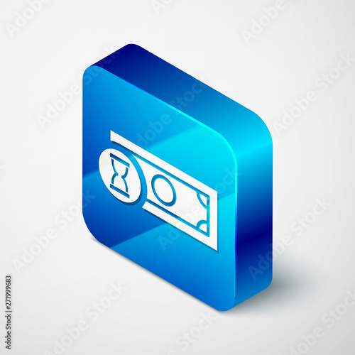 Isometric Fast payments icon isolated on white background. Fast money transfer payment. Financial services, fast loan, time is money, cash back concept. Blue square button. Vector Illustration