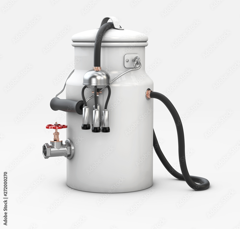 3d Illustration of milk pot with milking unit on white background 3d Illustration of milk pot with milking unit on white background