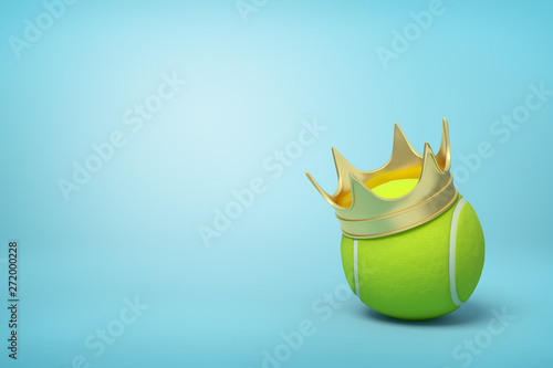 3d rendering of tennis ball wearing golden crown on light blue background. photo