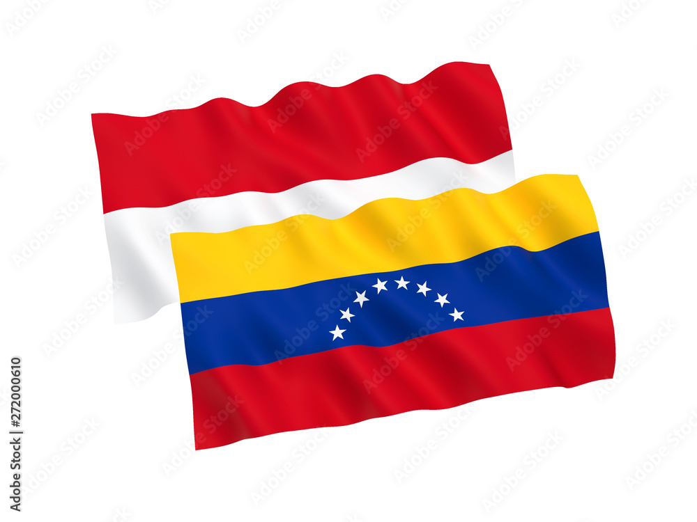 National fabric flags of Venezuela and Indonesia isolated on white background. 3d rendering illustration. Proportion 1:2 National fabric flags of Venezuela and Indonesia isolated on white background. 3d rendering illustration. Proportion 1:2