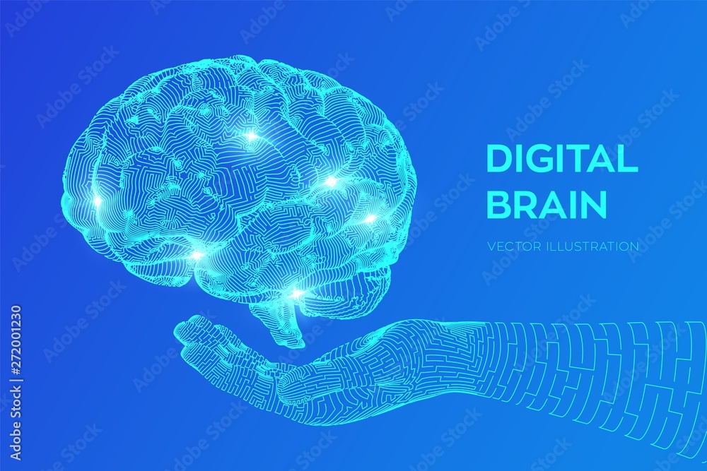 Brain. Digital brain in hand. 3D Science and Technology concept. Neural network. IQ testing, artificial intelligence virtual emulation science technology. Brainstorm think idea. Vector illustration. Brain. Digital brain in hand. 3D Science and Technology concept. Neural network. IQ testing, artificial intelligence virtual emulation science technology. Brainstorm think idea. Vector illustration.
