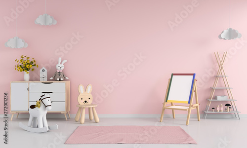 Drawing board and chair in pink child room interior for mockup, 3D rendering