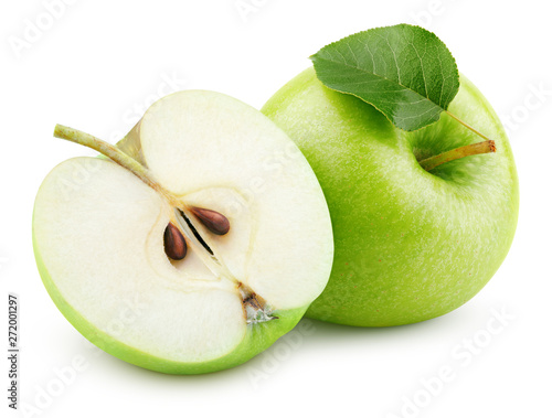 Ripe green apple fruit with half and green apple leaf isolated on white background. Green apples with clipping path. Full Depth of Field