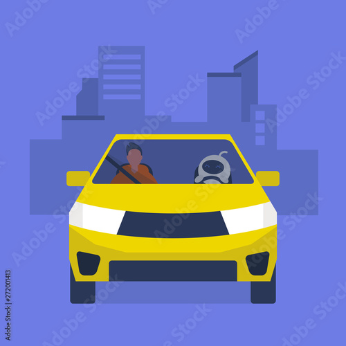 Self-driving car concept. Cute white robot driving a taxi. Young male character sitting on a passenger seat.