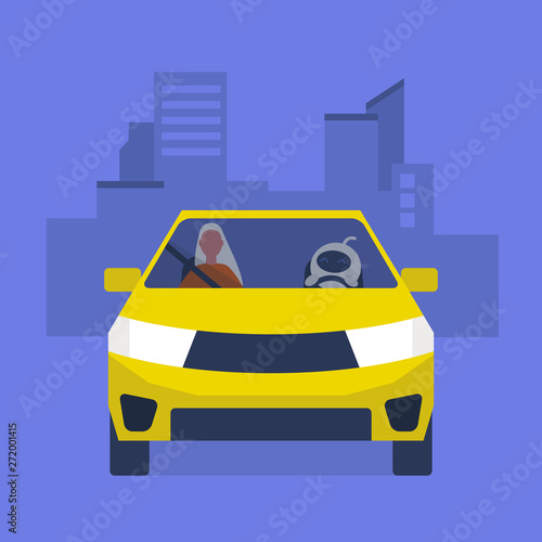 Self-driving car concept. Cute white robot driving a taxi. Young female character sitting on a passenger seat.