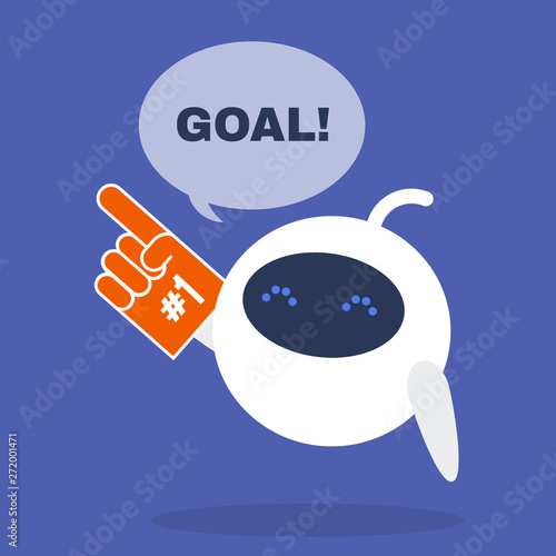 Cute robot wearing a foam finger. Supporter. Sport competition / flat editable vector illustration, clip art