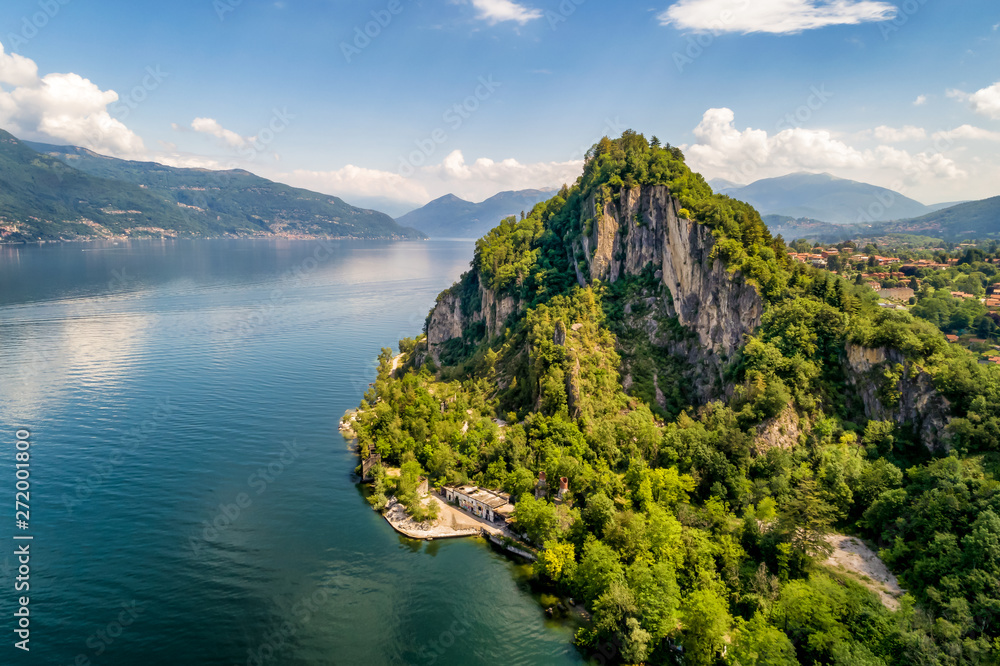 Aerial view of Rocca of Calde and Lake Maggiore, Castelveccana, Italy Aerial view of Rocca of Calde and Lake Maggiore, Castelveccana, Italy