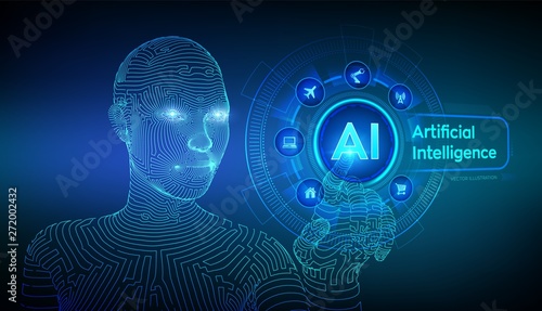 AI. Artificial intelligence. Machine learning. Wireframed female cyborg hand touching digital graph interface. Big data analysis and automation technology. Touch the future. Vector illustration.