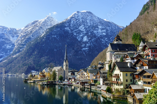 Scenic view of the Austrian town of Hallstatt, only accessible by boat, surrounded by the Austrian Alps.