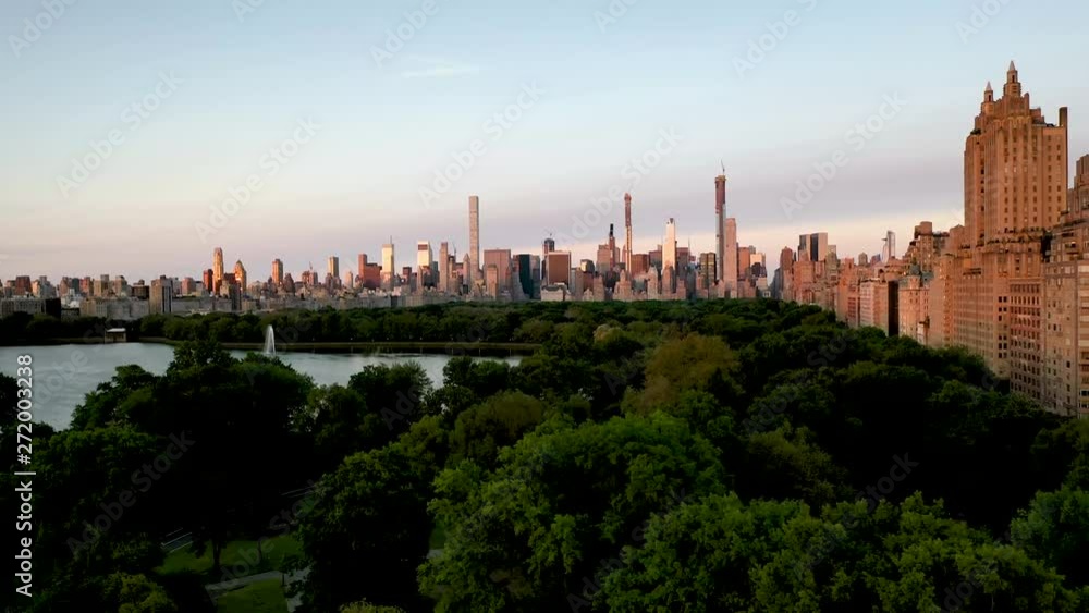 Rising shot of Manhattan at Sunrise from central park