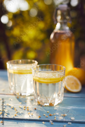 Fototapeta Naklejka Na Ścianę i Meble -  Two glasses of elderflower lemonade and bottle of homemade syrup