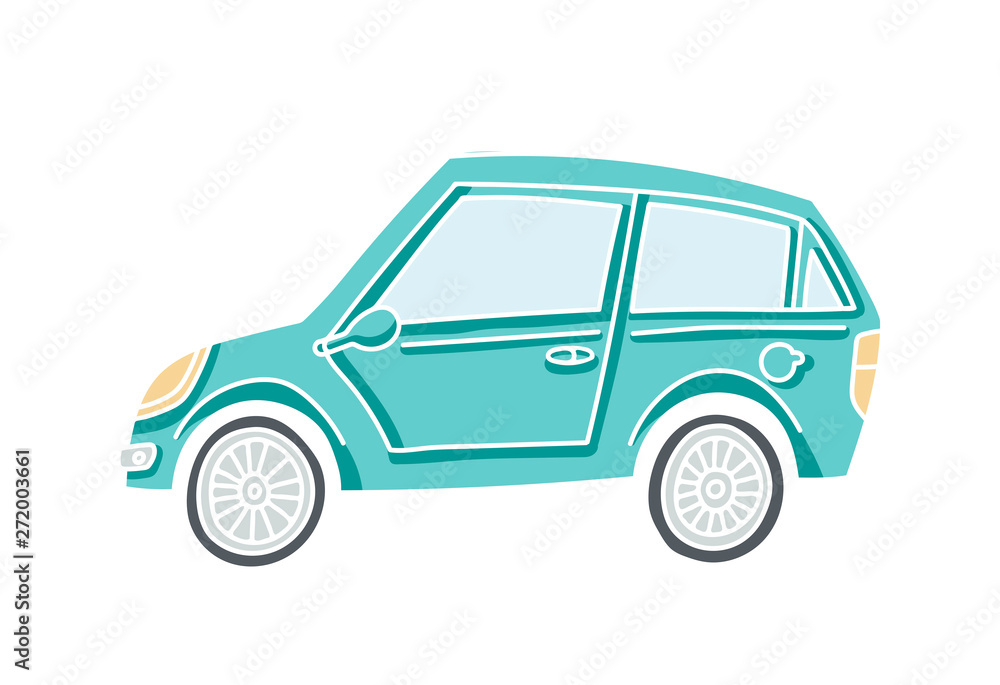 Cute illustration of a doodle car. Pastel colored vector auto with white outline.