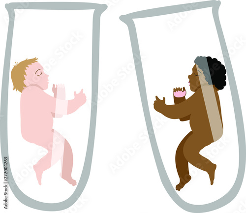 two babies of different races in a test tube. symbol of artificial inseminatio