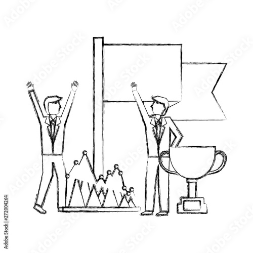 businessmen with trophy flag and financial chart business