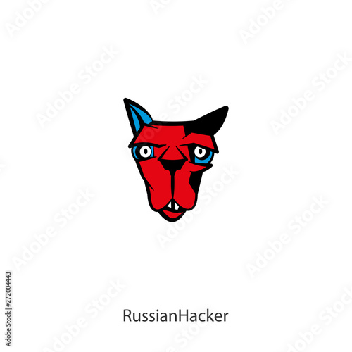 Head of a cool cool cat on a white background. Sticker, pattern, background, wall decoration. Vector. Cartoon character of a pet. Smart friend. Identification. Conceptual. Russian hacker.