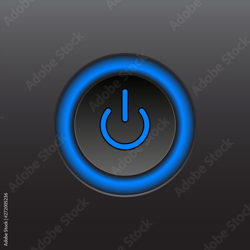 Illustration of power push button turning on and off on black silver metallic background. Start stop web icon concept.