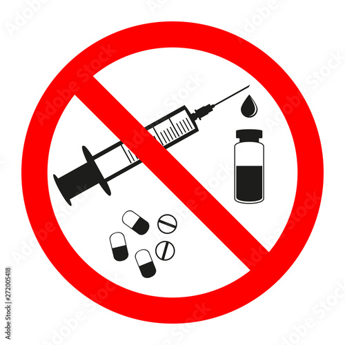 Drugs and pills prohibition sign icon. No syringe sticker. Injection forbidden. Anti vaccination. Stop vaccine.