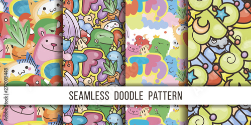 Collection of seamless vector patterns with cute cartoon monsters and beasts. Nice for packaging  wrapping paper  coloring pages  wallpaper  fabric  fashion  home decor  prints etc