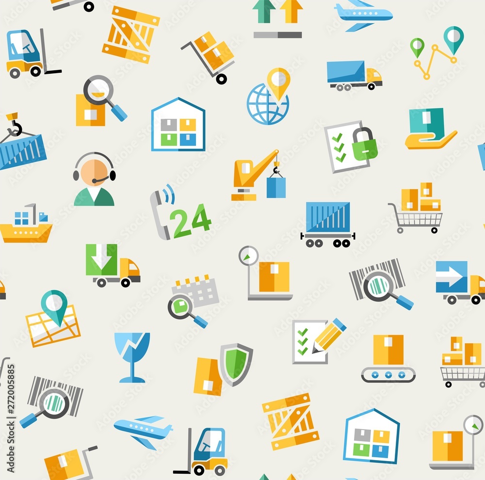 Cargo delivery, seamless pattern, badges, gray, light, color, vector. Cargo transportation and delivery of goods. Vector flat seamless pattern. Colored icons on gray background. Cargo delivery, seamless pattern, badges, gray, light, color, vector. Cargo transportation and delivery of goods. Vector flat seamless pattern. Colored icons on gray background.