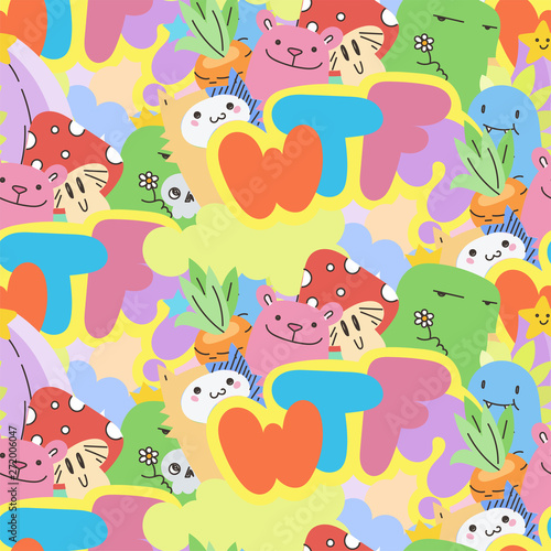 Seamless vector pattern with cute cartoon monsters and beasts. Nice for packaging  wrapping paper  coloring pages  wallpaper  fabric  fashion  home decor  prints etc