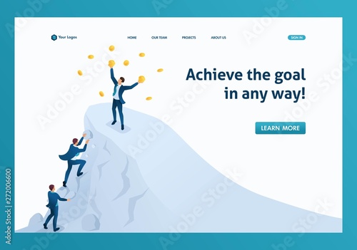 Isometric to achieve success, to achieve the goal, to be on top of the mountain. Template landing page