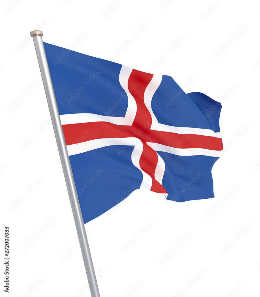 Iceland flag blowing in the wind. Background texture. 3d rendering, waving flag. – Illustration, capital, Reykjavik. Isolated on white.