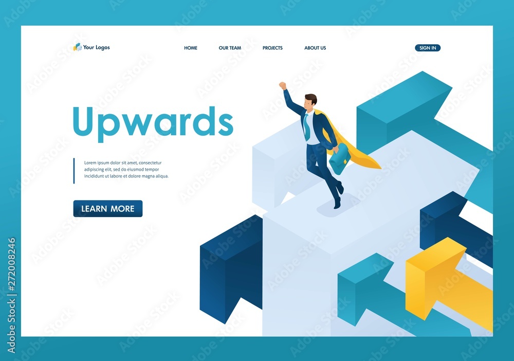 Isometric aiming for the top, a businessman flies on large arrows. Template landing page