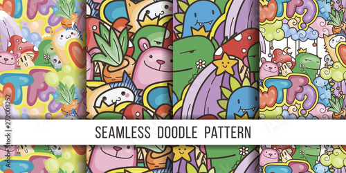 Collection of seamless vector patterns with cute cartoon monsters and beasts. Nice for packaging  wrapping paper  coloring pages  wallpaper  fabric  fashion  home decor  prints etc