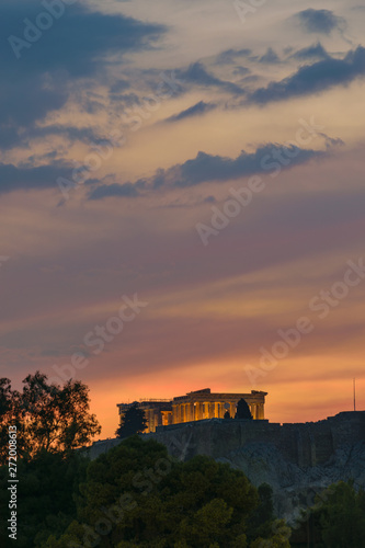 Acropolis, Parthenon view from Panathenaic stadium (Kallimarmaro) at sunset, with colorful sky, Athens, Greece