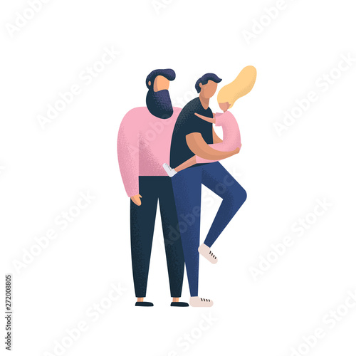 Happy gay couple with daughter. Gay parents with child, vector illustration.