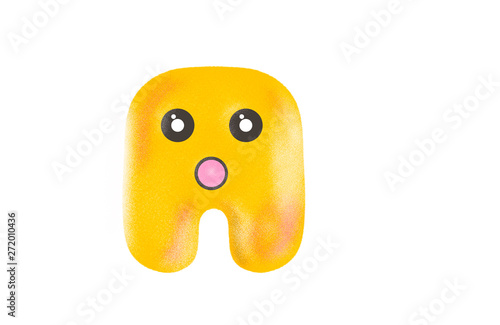 Surprise emotion biscuit man in yellow pink colours isolated on white background with copyspace