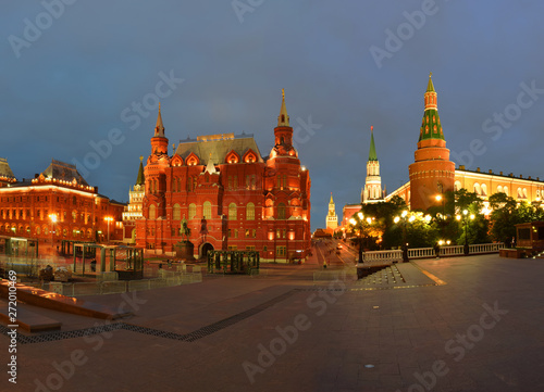 Night view of the historical museum and the Kremlin Arsenal Tower from Manezh Square. Russia, Moscow, May 2019