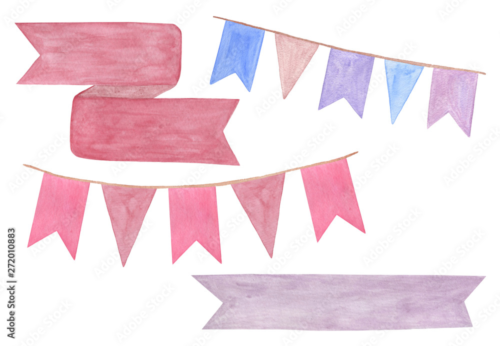 Fototapeta premium hand drawn multicolored small flags and ribbons, isolated objects on the white background, simple ornament for holiday design