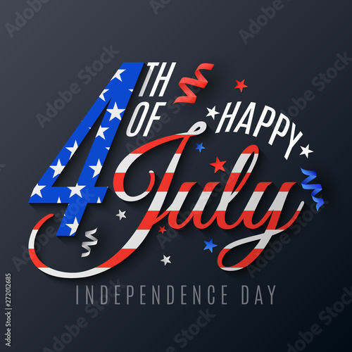 Independence Day. lettering for 4th of July. Festive text banner on a dark background. Scattered serpentine and confetti. Flag pattern of United States of America. Vector illustration