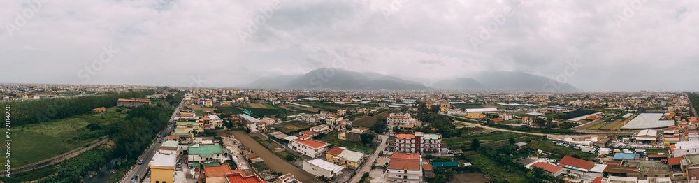 180 degree panorama about pompeii on a foggy day