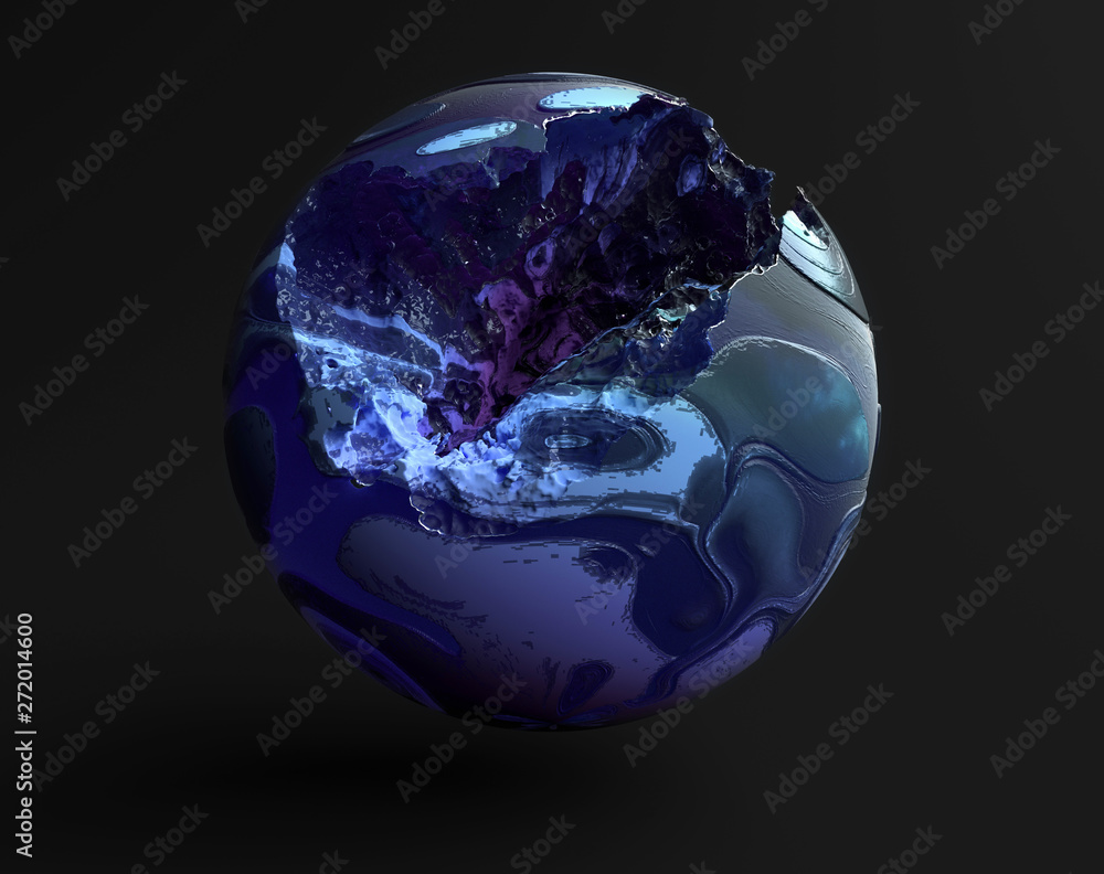 3d render of abstract earth planet with big damage in blue and purple colors on dark grey background 3d render of abstract earth planet with big damage in blue and purple colors on dark grey background