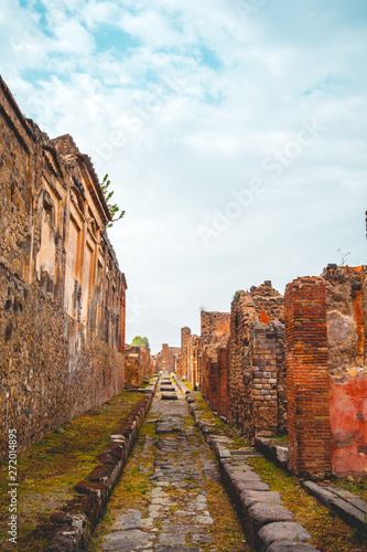 Fototapeta Naklejka Na Ścianę i Meble -  ancient ruins at pompeii with historical street in the center