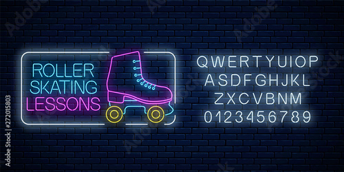 Roller skating lessons advertising sign with alphabet. Retro roller skates glowing neon sign. Skate zone symbol in neon