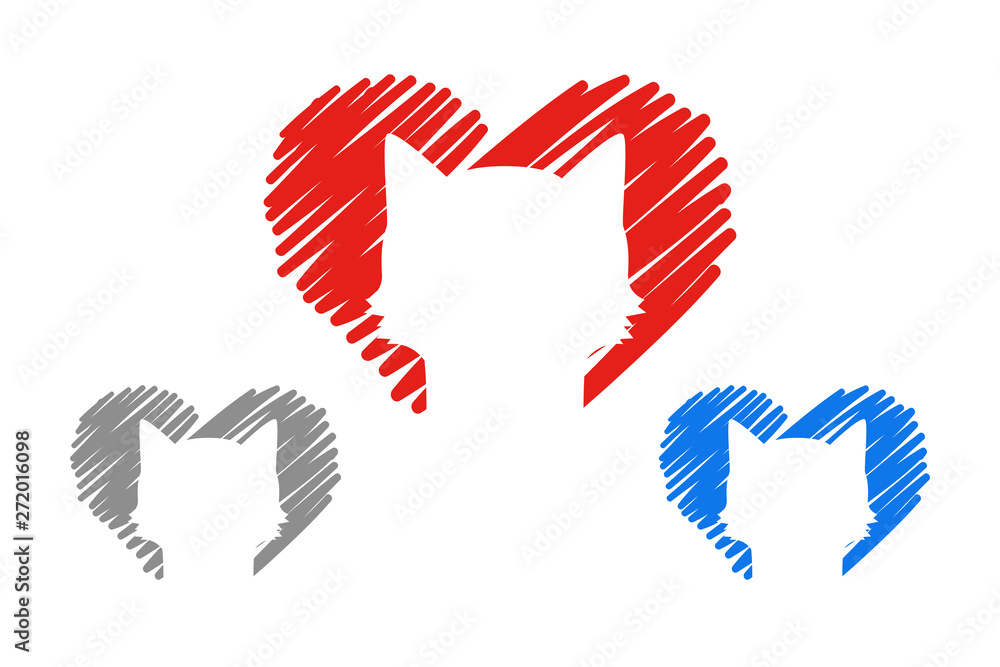 Set of three hearts in red, gray and bue colors with pets. hand drawn hearts with animal silhouette inside. Vector hearts ready for web and print. Cat head logo. Stock Vector | Set of three hearts in red, gray and bue colors with pets. hand drawn hearts with animal silhouette inside. Vector hearts ready for web and print. Cat head logo. Stock Vector |