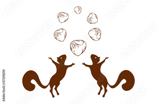 Isolated vector jumping squirrels silhouettes and circle of hazelnuts on top. Logo of two squirrels with six nuts in brown color. Squirrels standing on hind legs