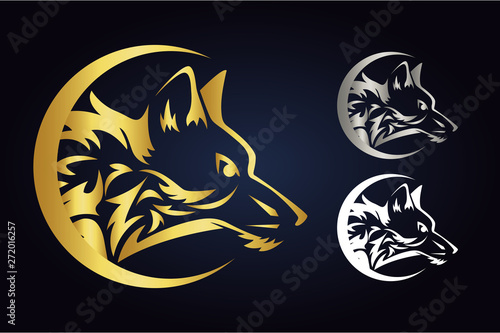 Vector wolf head silhouette inside half moon in gold, silver and white colors. Side view of wild animal in crescent. Wolf vector logo inside demilune isolated on dark background.