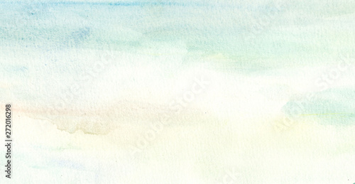 Handmade illustration light sky blue watercolor background. Aquarelle paint paper textured canvas element for text design, greeting card, template.