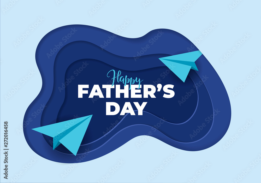 Vector father day banner template. Modern paper cut trendy style. Blue color palette background with paper planes and 